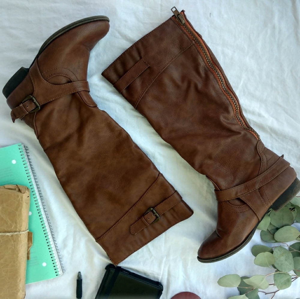 Brown faux leather knee-high boots